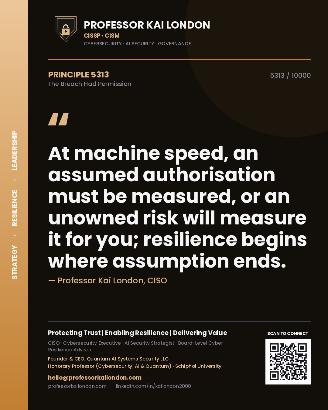 Quote card by Professor Kai London reading 'At machine speed, an assumed authorisation must be measured, or an unowned risk will measure it for you; resilience begins where assumption ends.'. From the book The Breach Had Permission.