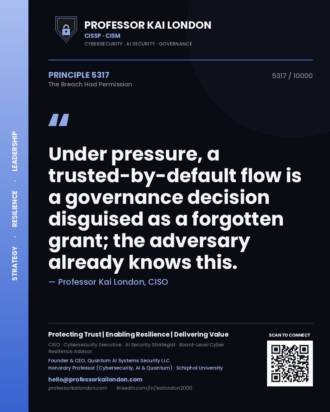 Professor Kai London principle 5317: Under pressure, a trusted-by-default flow is a governance decision disguised as a forgotten grant; the adversary already knows this.