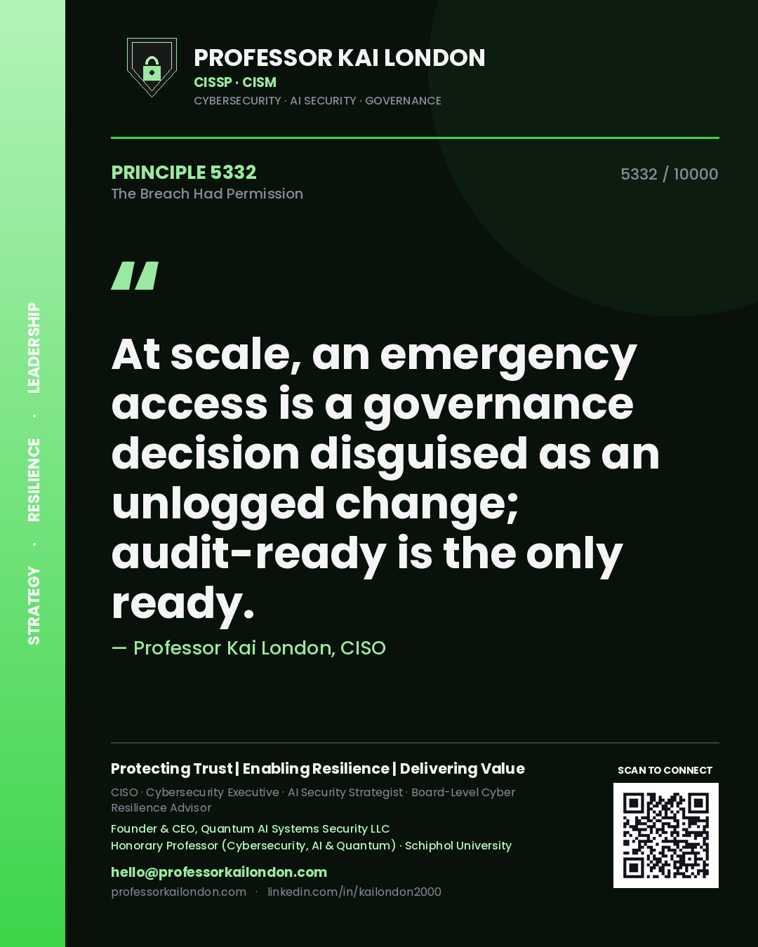 Professor Kai London principle 5332: At scale, an emergency access is a governance decision disguised as an unlogged change; audit-ready is the only ready.