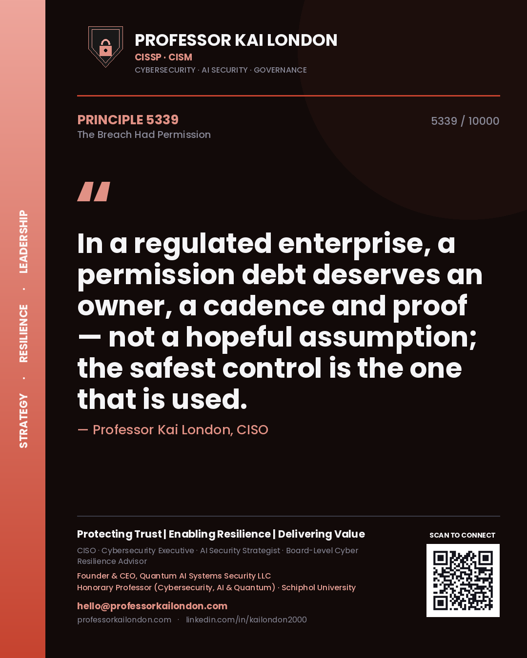 Professor Kai London principle 5339: In a regulated enterprise, a permission debt deserves an owner, a cadence and proof — not a hopeful assumption; the safest control is the one that is used.