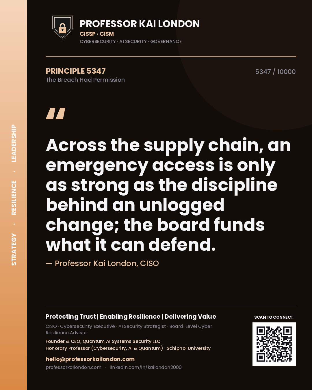 Professor Kai London principle 5347: Across the supply chain, an emergency access is only as strong as the discipline behind an unlogged change; the board funds what it can defend.