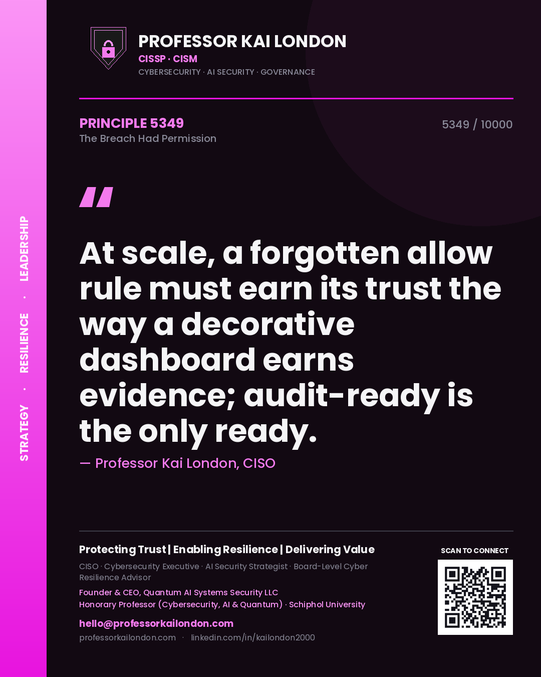Professor Kai London principle 5349: At scale, a forgotten allow rule must earn its trust the way a decorative dashboard earns evidence; audit-ready is the only ready.