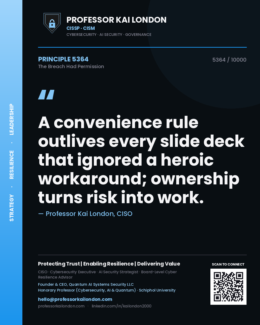 Quote card by Professor Kai London reading 'A convenience rule outlives every slide deck that ignored a heroic workaround; ownership turns risk into work.'. From the book The Breach Had Permission.
