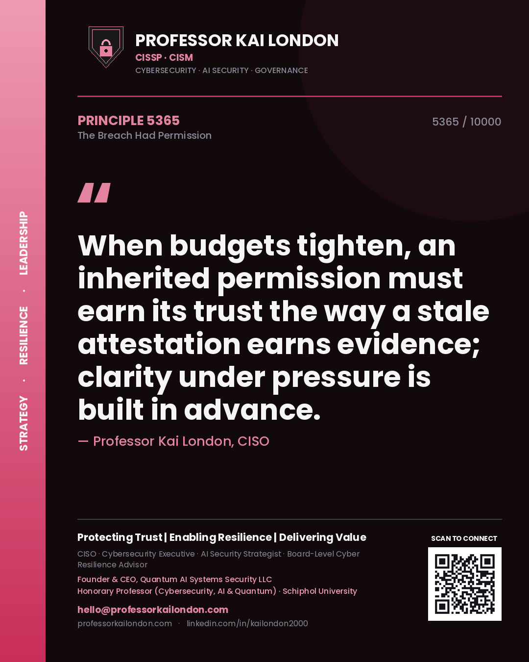 Professor Kai London principle 5365: When budgets tighten, an inherited permission must earn its trust the way a stale attestation earns evidence; clarity under pressure is built in advance.