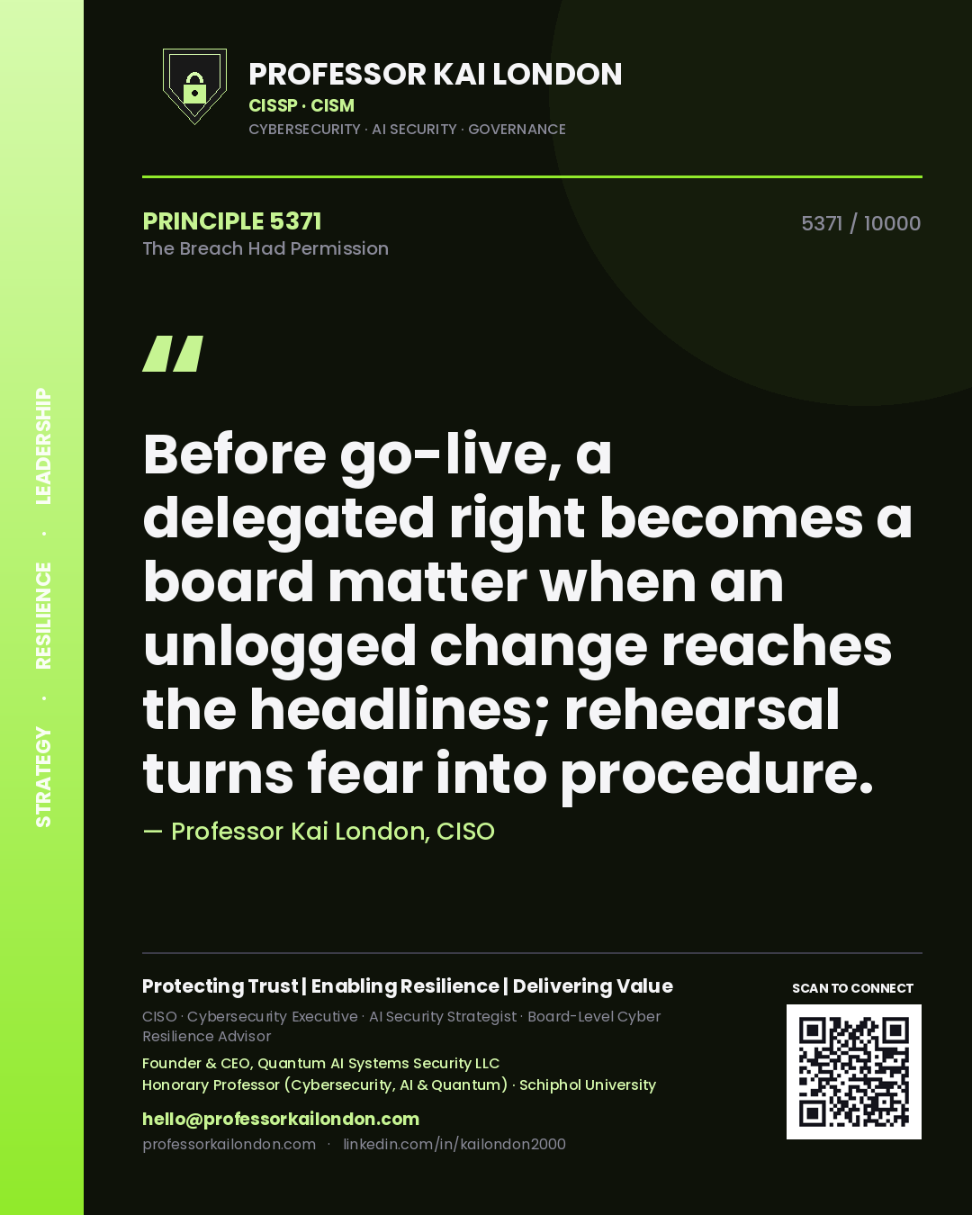 Professor Kai London principle 5371: Before go-live, a delegated right becomes a board matter when an unlogged change reaches the headlines; rehearsal turns fear into procedure.