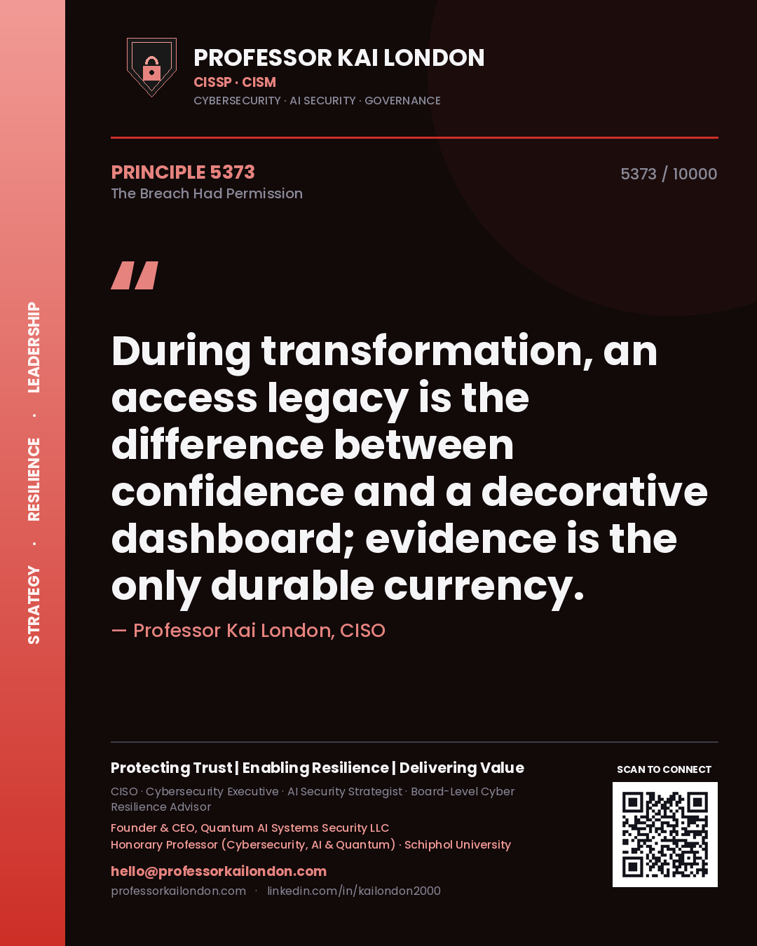 Professor Kai London principle 5373: During transformation, an access legacy is the difference between confidence and a decorative dashboard; evidence is the only durable currency.