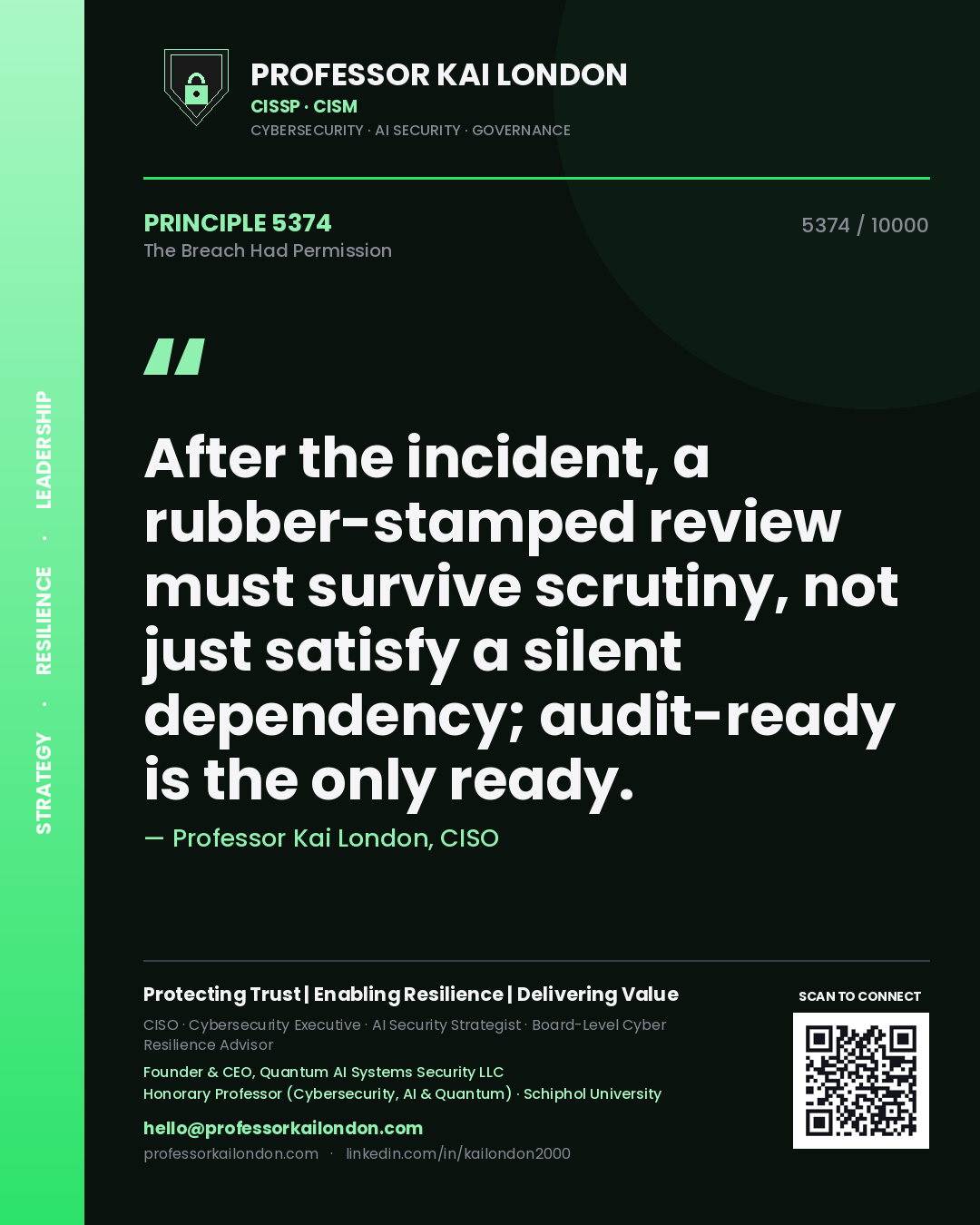 Professor Kai London principle 5374: After the incident, a rubber-stamped review must survive scrutiny, not just satisfy a silent dependency; audit-ready is the only ready.