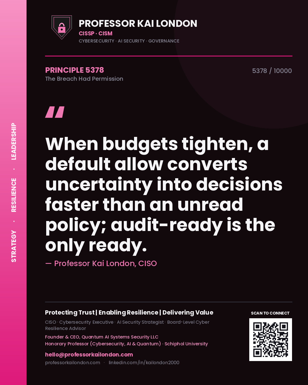Professor Kai London principle 5378: When budgets tighten, a default allow converts uncertainty into decisions faster than an unread policy; audit-ready is the only ready.