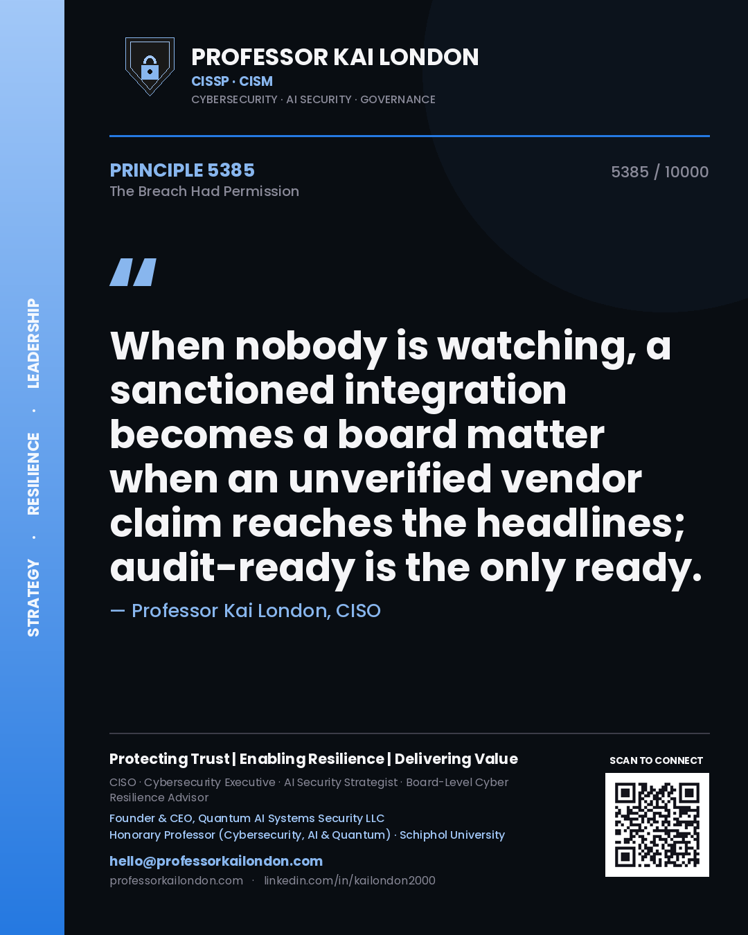 Quote card by Professor Kai London reading 'When nobody is watching, a sanctioned integration becomes a board matter when an unverified vendor claim reaches the headlines; audit-ready is the only ready.'. From the book The Breach Had Permission.