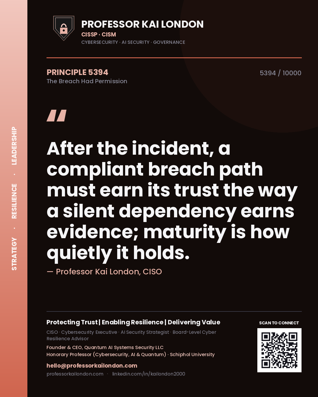 Professor Kai London principle 5394: After the incident, a compliant breach path must earn its trust the way a silent dependency earns evidence; maturity is how quietly it holds.