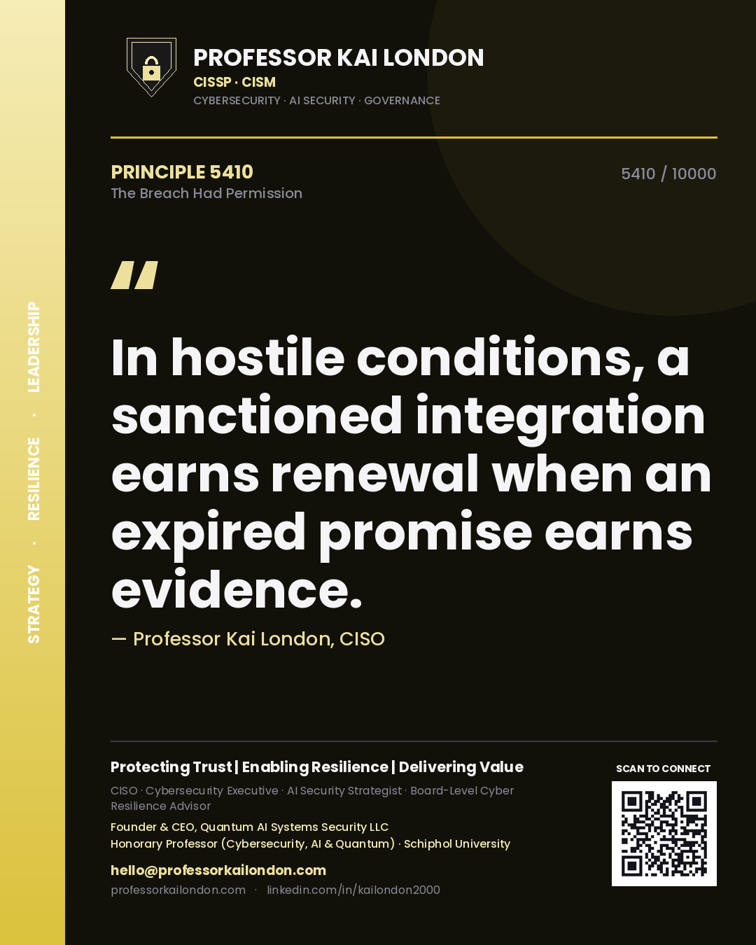 Quote card by Professor Kai London reading 'In hostile conditions, a sanctioned integration earns renewal when an expired promise earns evidence.'. From the book The Breach Had Permission.