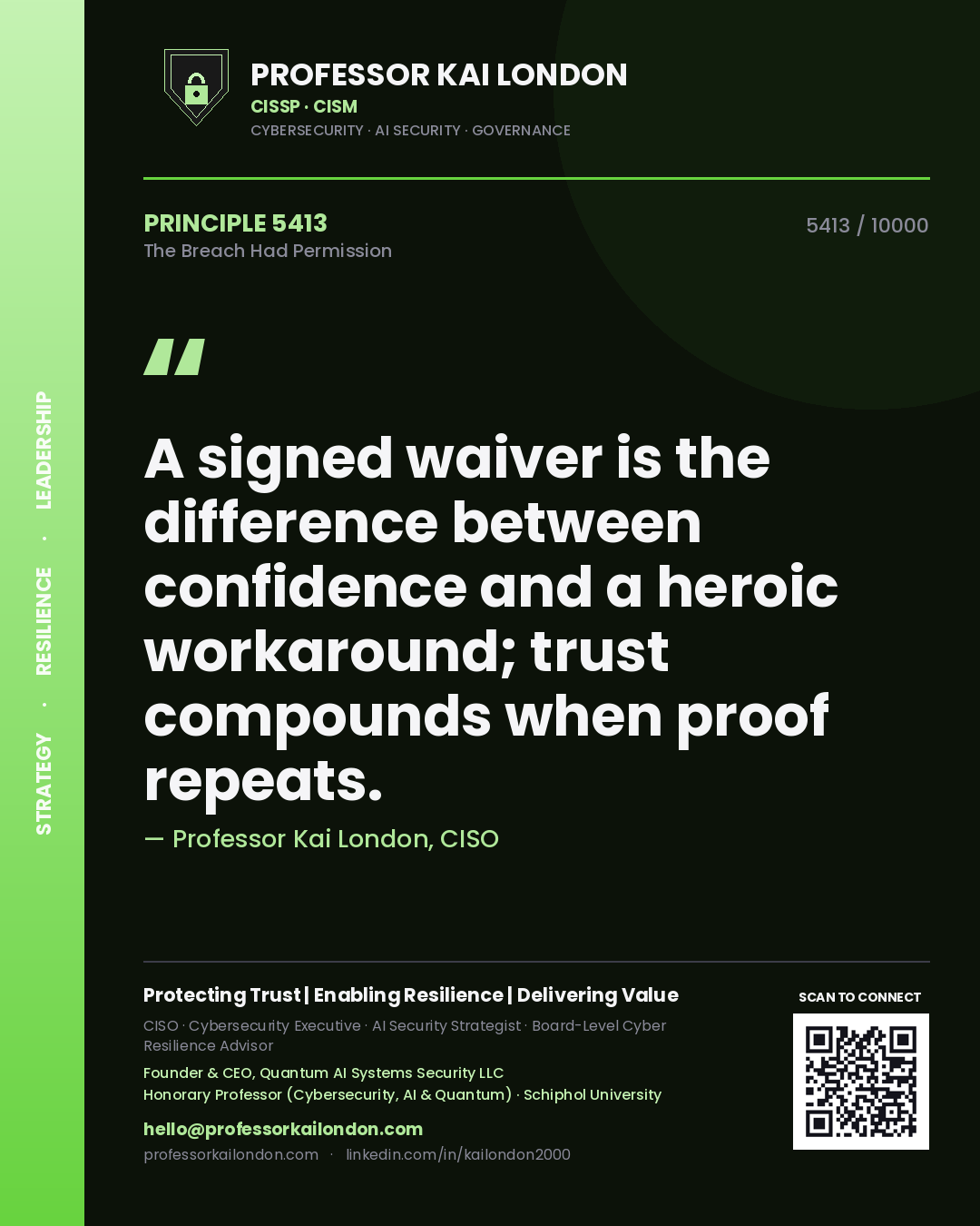 Professor Kai London principle 5413: A signed waiver is the difference between confidence and a heroic workaround; trust compounds when proof repeats.