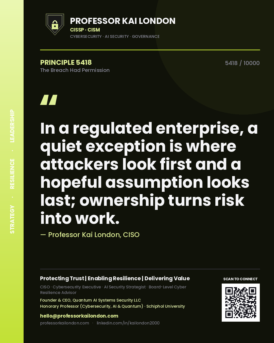 Professor Kai London principle 5418: In a regulated enterprise, a quiet exception is where attackers look first and a hopeful assumption looks last; ownership turns risk into work.
