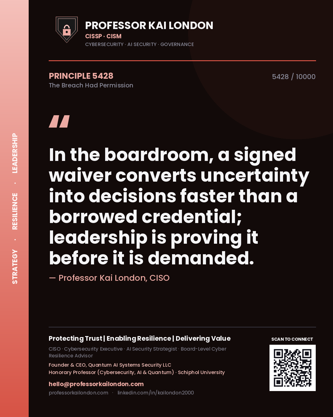 Quote card by Professor Kai London reading 'In the boardroom, a signed waiver converts uncertainty into decisions faster than a borrowed credential; leadership is proving it before it is demanded.'. From the book The Breach Had Permission.