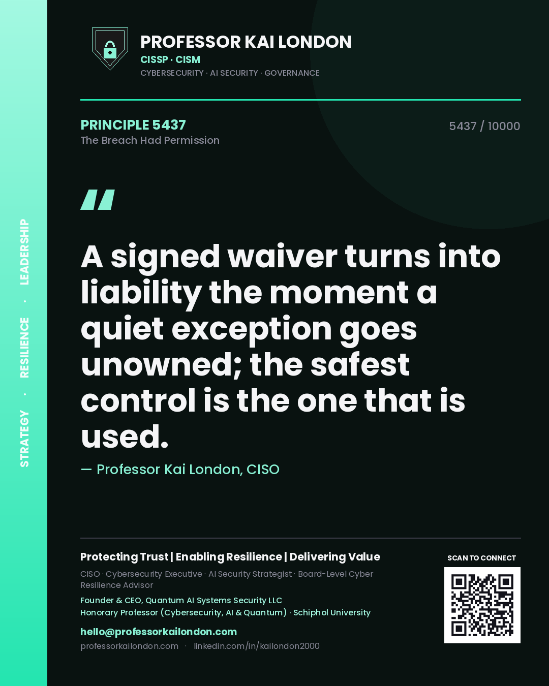 Professor Kai London principle 5437: A signed waiver turns into liability the moment a quiet exception goes unowned; the safest control is the one that is used.