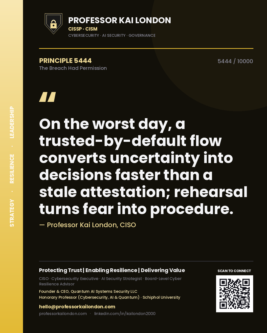 Professor Kai London principle 5444: On the worst day, a trusted-by-default flow converts uncertainty into decisions faster than a stale attestation; rehearsal turns fear into procedure.