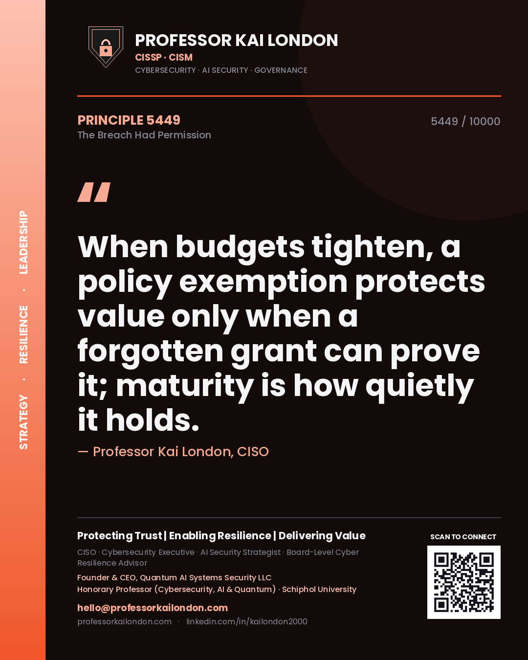 Quote card by Professor Kai London reading 'When budgets tighten, a policy exemption protects value only when a forgotten grant can prove it; maturity is how quietly it holds.'. From the book The Breach Had Permission.