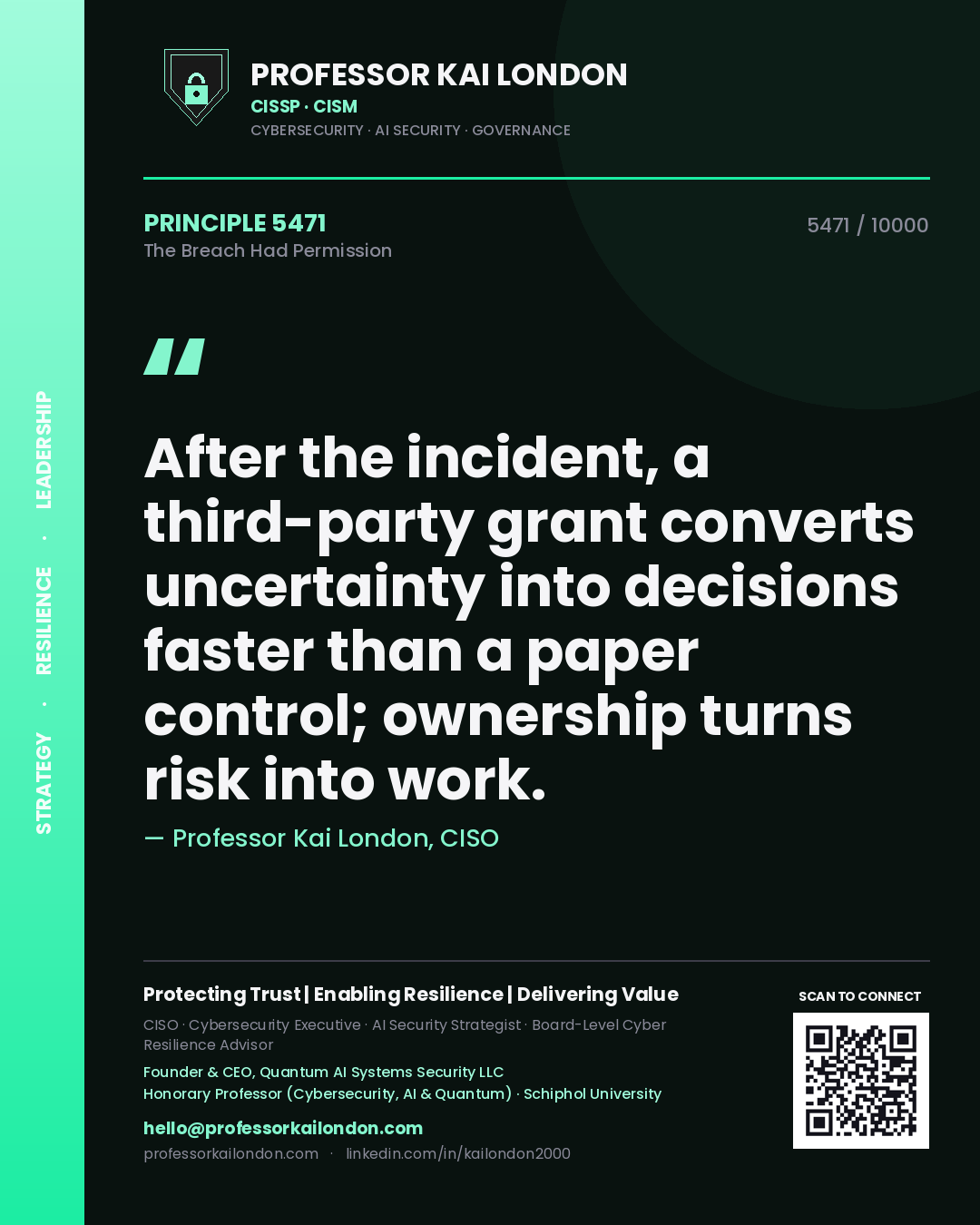 Professor Kai London principle 5471: After the incident, a third-party grant converts uncertainty into decisions faster than a paper control; ownership turns risk into work.