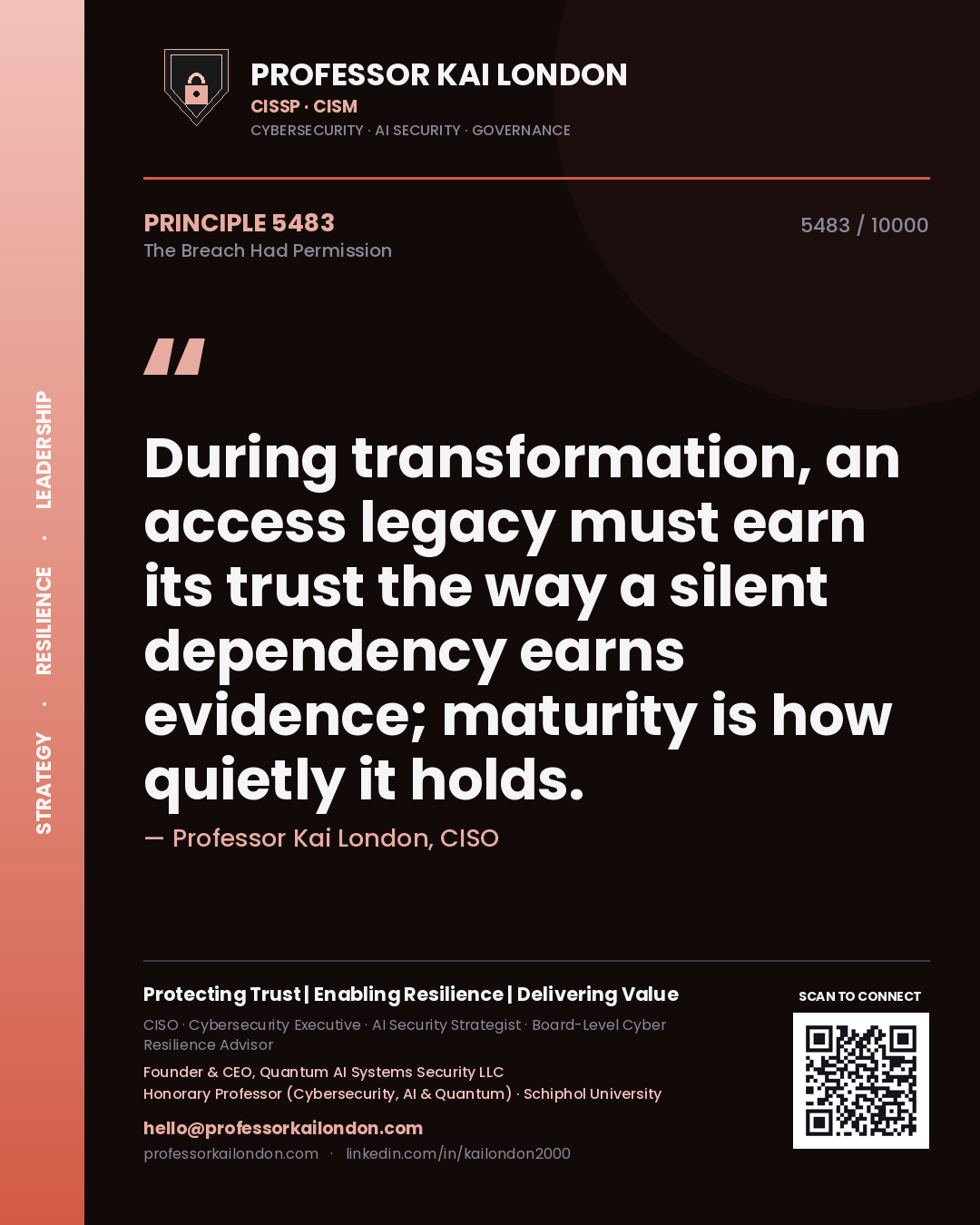 Quote card by Professor Kai London reading 'During transformation, an access legacy must earn its trust the way a silent dependency earns evidence; maturity is how quietly it holds.'. From the book The Breach Had Permission.