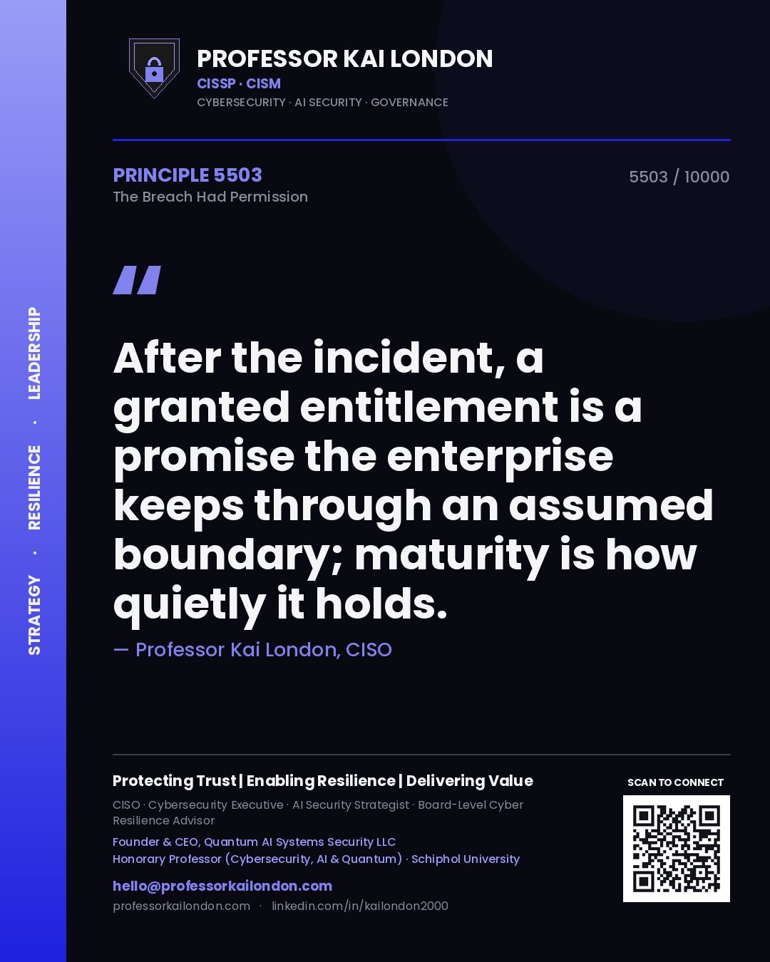 Quote card by Professor Kai London reading 'After the incident, a granted entitlement is a promise the enterprise keeps through an assumed boundary; maturity is how quietly it holds.'. From the book The Breach Had Permission.