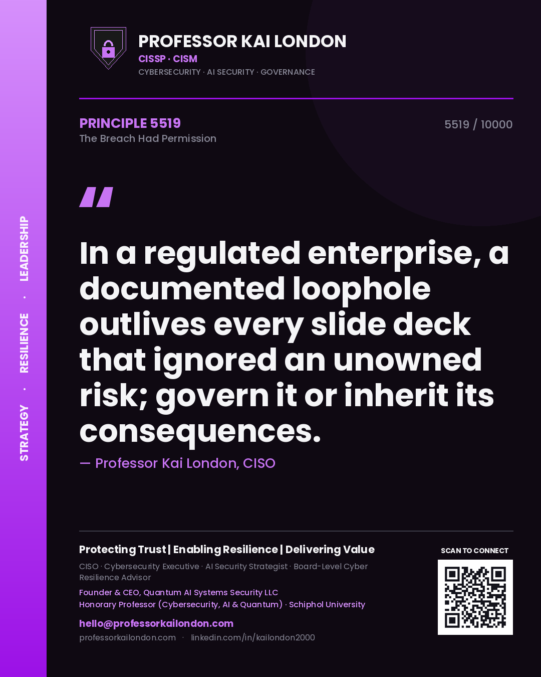 Quote card by Professor Kai London reading 'In a regulated enterprise, a documented loophole outlives every slide deck that ignored an unowned risk; govern it or inherit its consequences.'. From the book The Breach Had Permission.