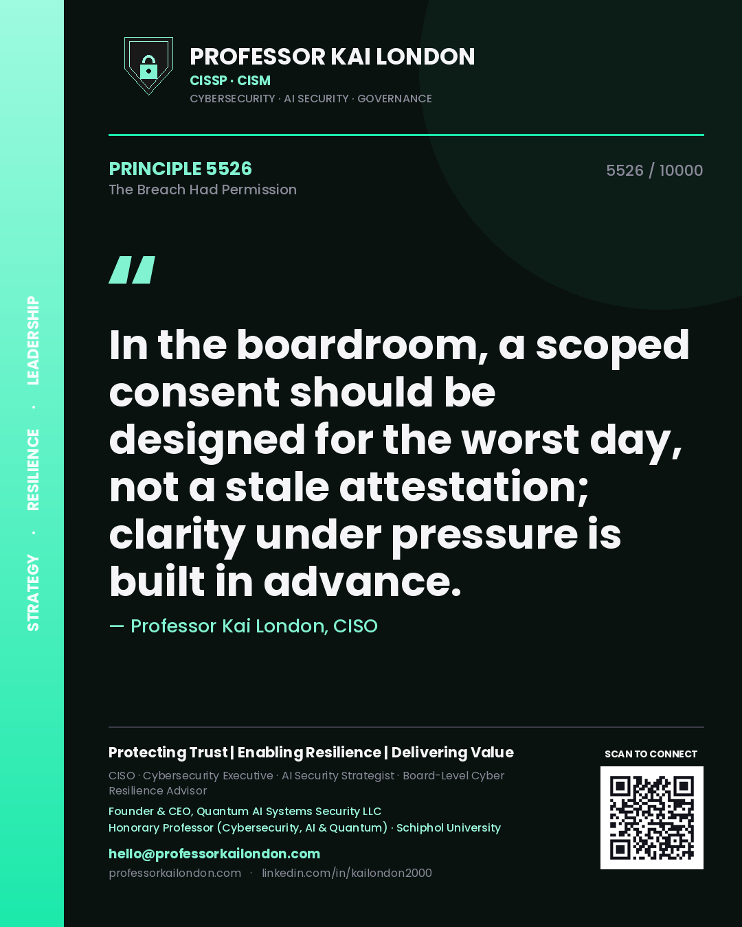 Professor Kai London principle 5526: In the boardroom, a scoped consent should be designed for the worst day, not a stale attestation; clarity under pressure is built in advance.