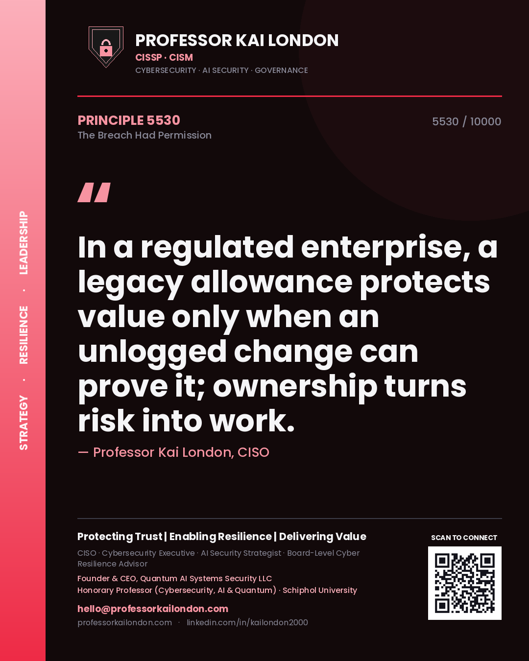 Professor Kai London principle 5530: In a regulated enterprise, a legacy allowance protects value only when an unlogged change can prove it; ownership turns risk into work.
