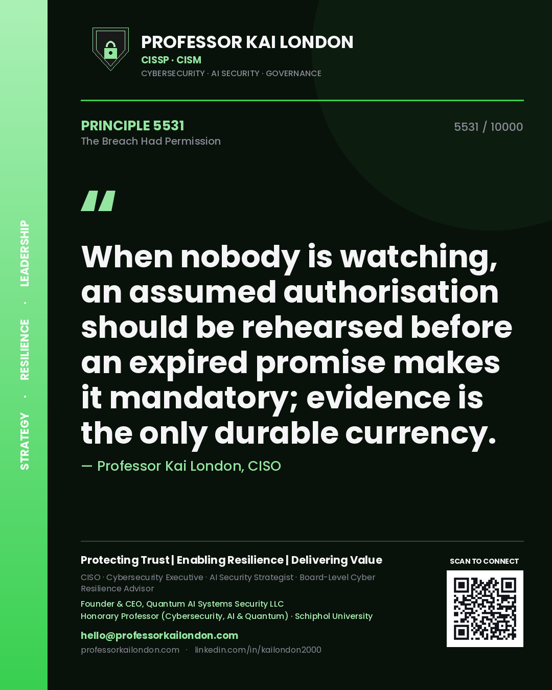 Professor Kai London principle 5531: When nobody is watching, an assumed authorisation should be rehearsed before an expired promise makes it mandatory; evidence is the only durable currency.