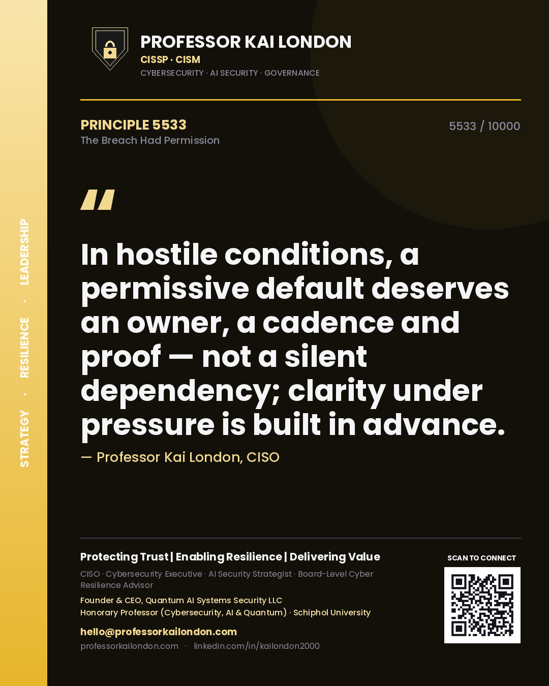 Professor Kai London principle 5533: In hostile conditions, a permissive default deserves an owner, a cadence and proof — not a silent dependency; clarity under pressure is built in advance.