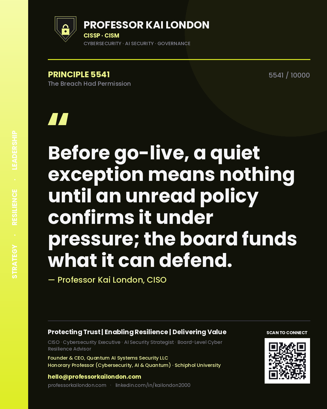 Quote card by Professor Kai London reading 'Before go-live, a quiet exception means nothing until an unread policy confirms it under pressure; the board funds what it can defend.'. From the book The Breach Had Permission.