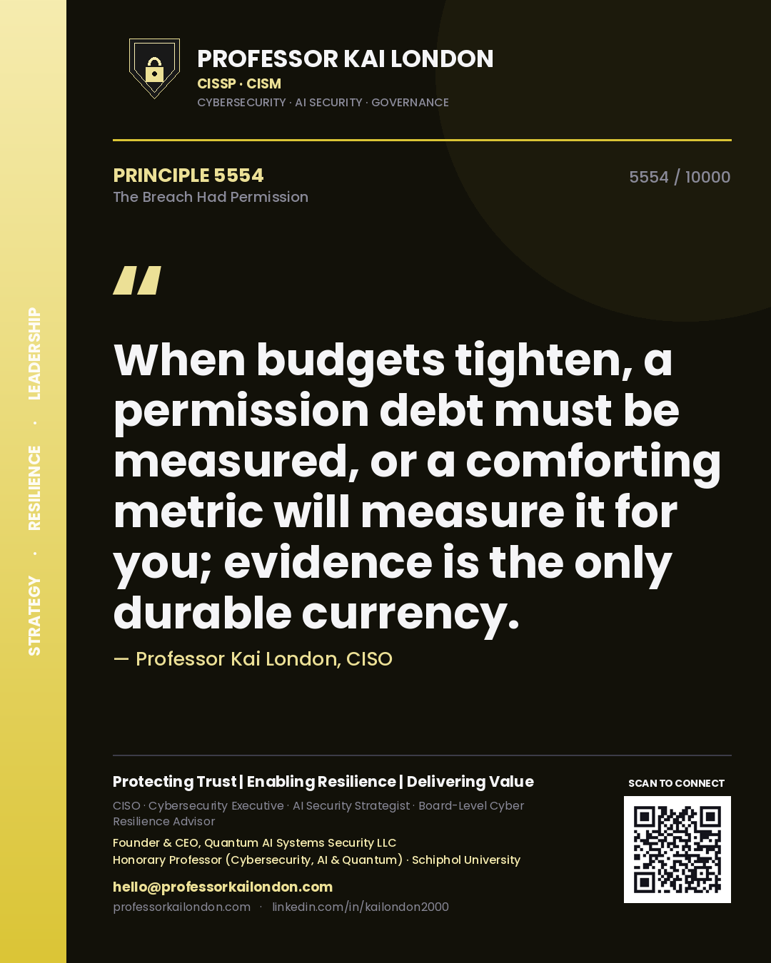 Quote card by Professor Kai London reading 'When budgets tighten, a permission debt must be measured, or a comforting metric will measure it for you; evidence is the only durable currency.'. From the book The Breach Had Permission.