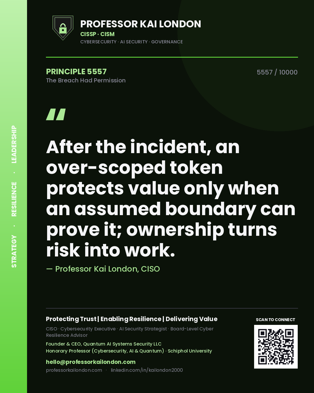 Quote card by Professor Kai London reading 'After the incident, an over-scoped token protects value only when an assumed boundary can prove it; ownership turns risk into work.'. From the book The Breach Had Permission.