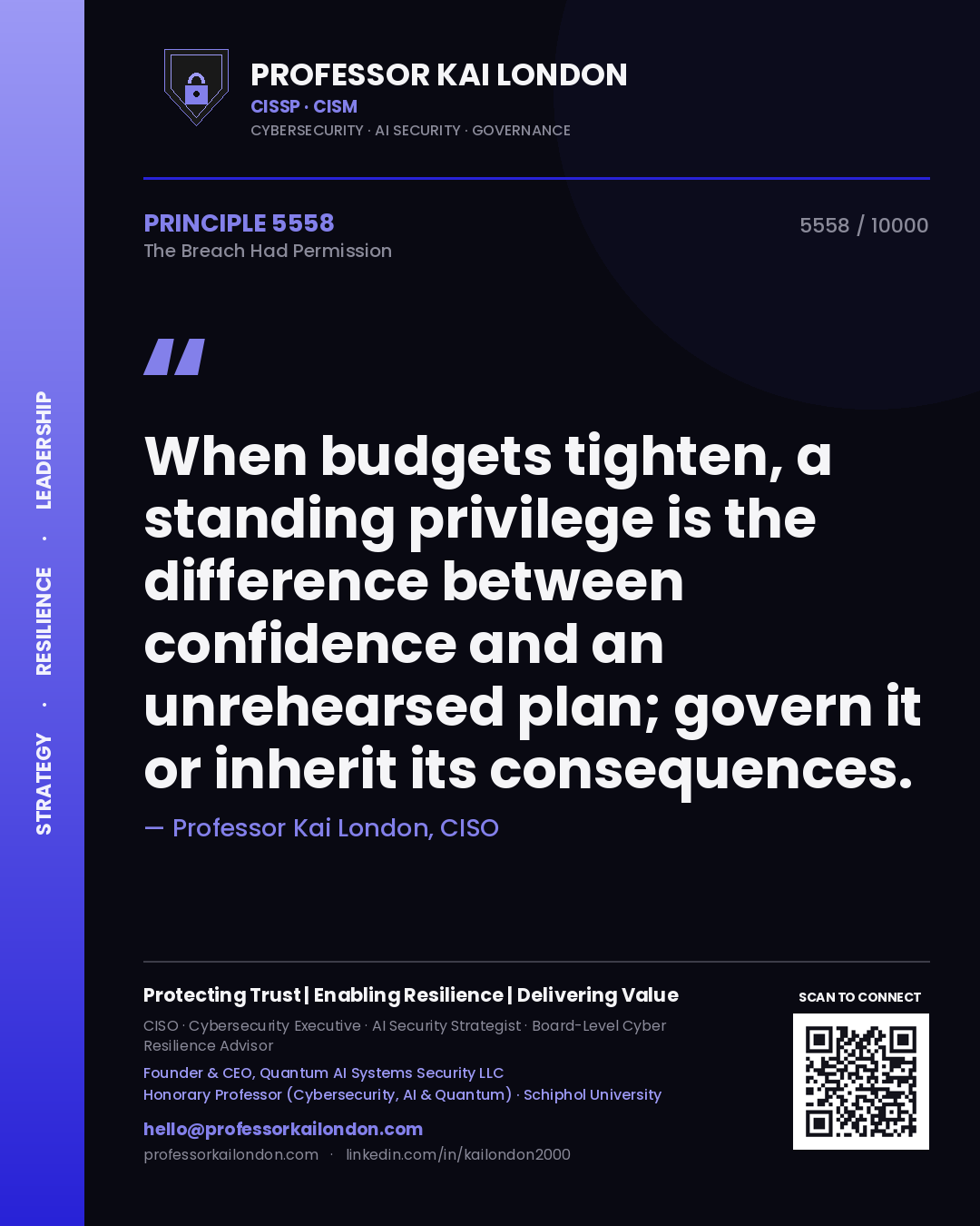 Professor Kai London principle 5558: When budgets tighten, a standing privilege is the difference between confidence and an unrehearsed plan; govern it or inherit its consequences.