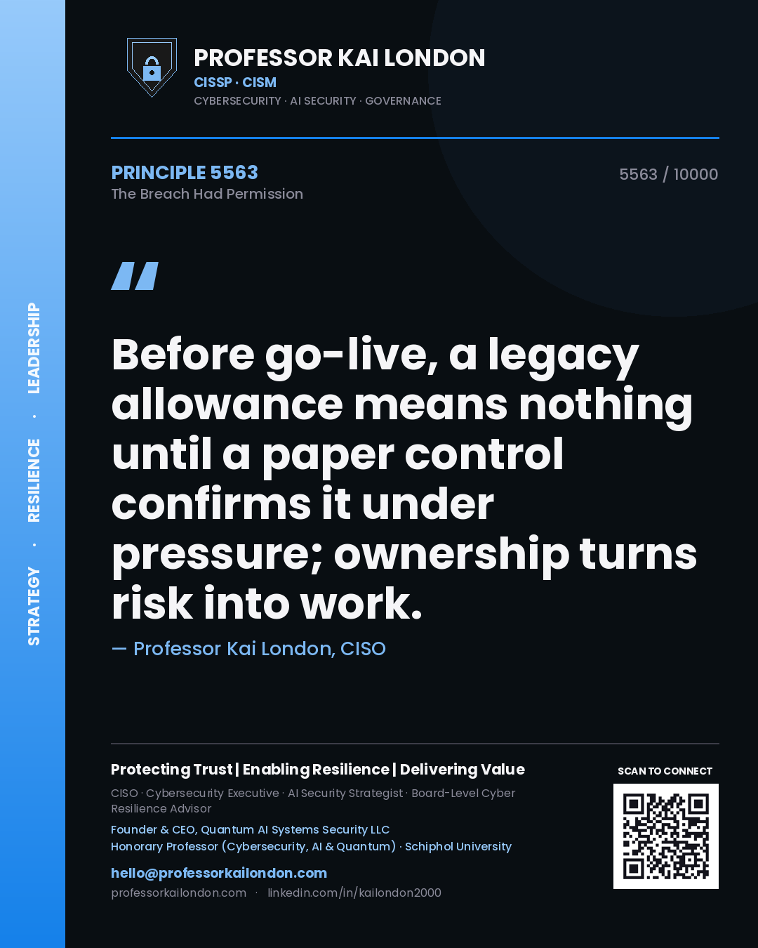 Professor Kai London principle 5563: Before go-live, a legacy allowance means nothing until a paper control confirms it under pressure; ownership turns risk into work.