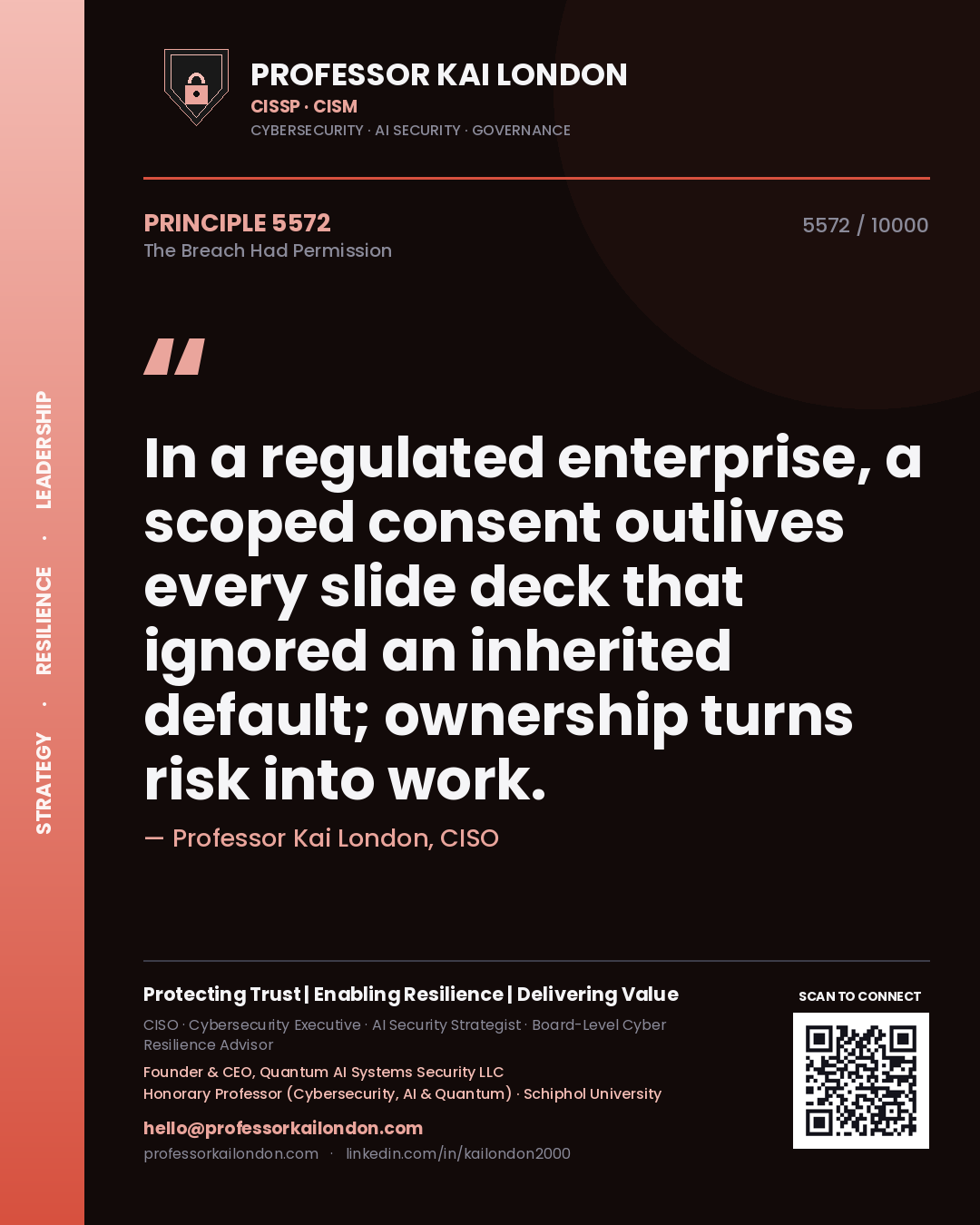 Quote card by Professor Kai London reading 'In a regulated enterprise, a scoped consent outlives every slide deck that ignored an inherited default; ownership turns risk into work.'. From the book The Breach Had Permission.