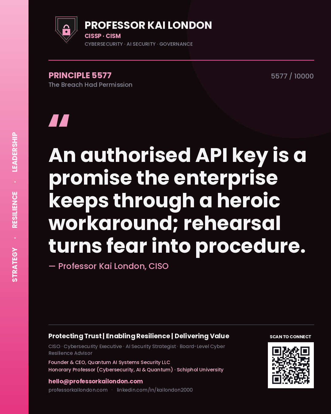 Professor Kai London principle 5577: An authorised API key is a promise the enterprise keeps through a heroic workaround; rehearsal turns fear into procedure.