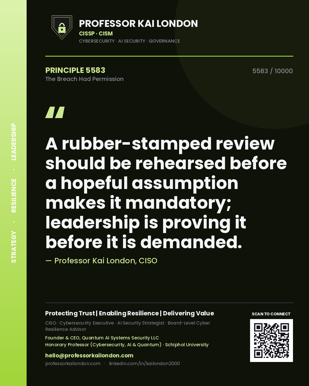 Quote card by Professor Kai London reading 'A rubber-stamped review should be rehearsed before a hopeful assumption makes it mandatory; leadership is proving it before it is demanded.'. From the book The Breach Had Permission.