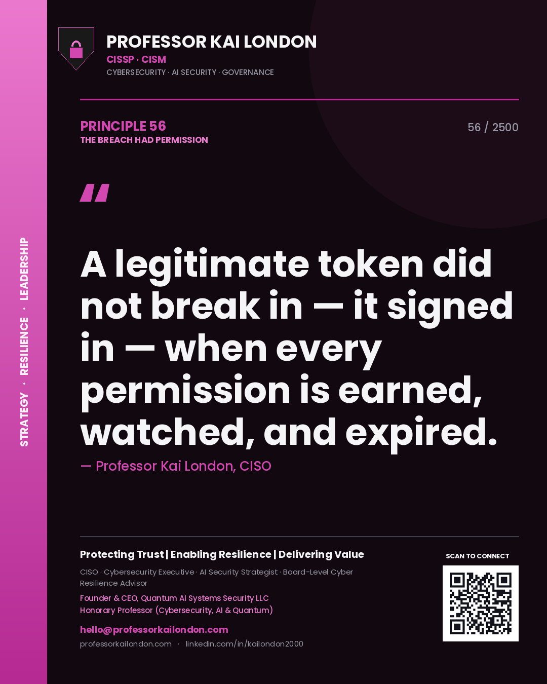 Quote card by Professor Kai London reading 'A legitimate token did not break in — it signed in — when every permission is earned, watched, and expired.'. From the book The Breach Had Permission.