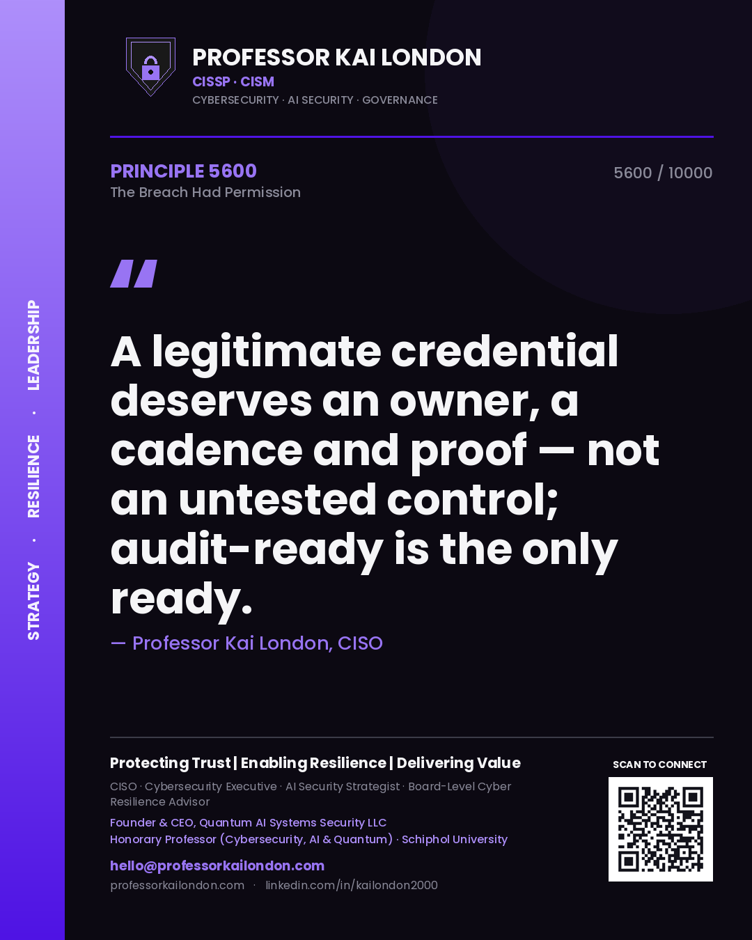 Professor Kai London principle 5600: A legitimate credential deserves an owner, a cadence and proof — not an untested control; audit-ready is the only ready.