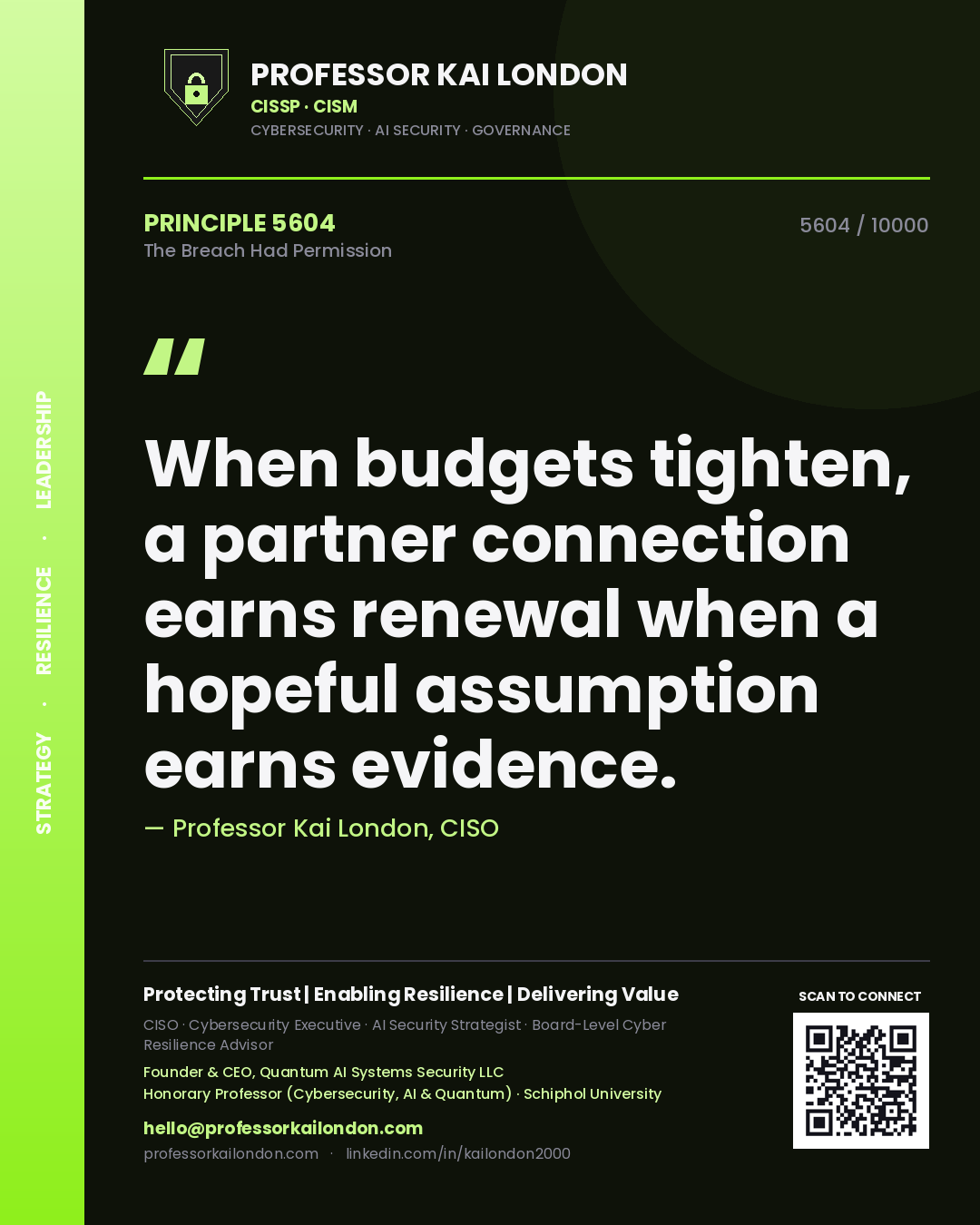 Professor Kai London principle 5604: When budgets tighten, a partner connection earns renewal when a hopeful assumption earns evidence.