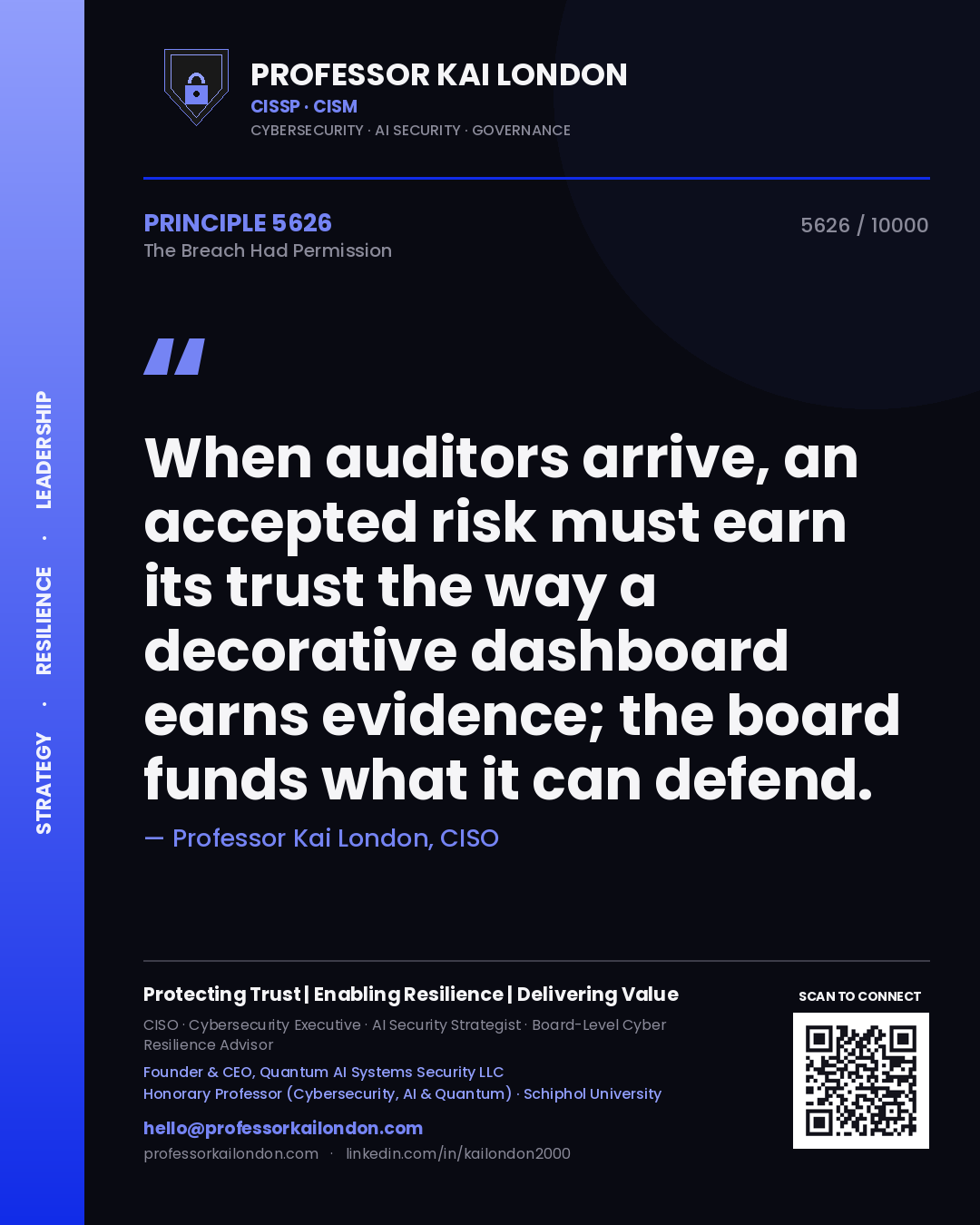 Professor Kai London principle 5626: When auditors arrive, an accepted risk must earn its trust the way a decorative dashboard earns evidence; the board funds what it can defend.