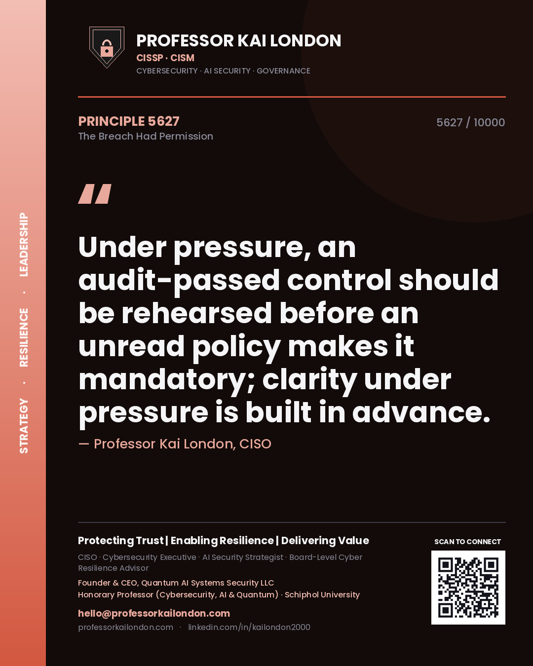 Quote card by Professor Kai London reading 'Under pressure, an audit-passed control should be rehearsed before an unread policy makes it mandatory; clarity under pressure is built in advance.'. From the book The Breach Had Permission.