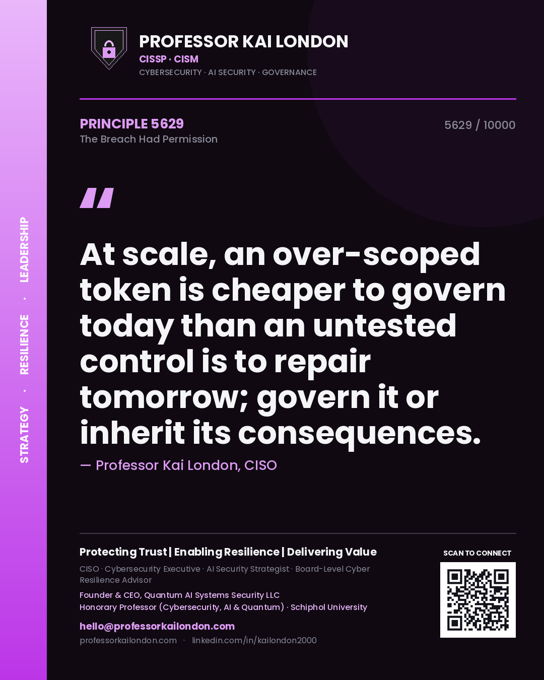 Quote card by Professor Kai London reading 'At scale, an over-scoped token is cheaper to govern today than an untested control is to repair tomorrow; govern it or inherit its consequences.'. From the book The Breach Had Permission.
