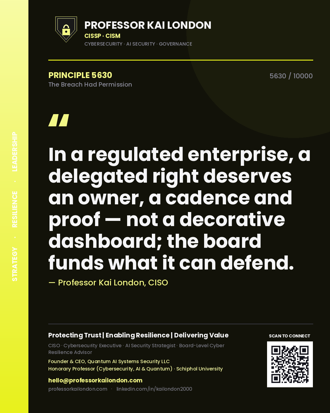 Professor Kai London principle 5630: In a regulated enterprise, a delegated right deserves an owner, a cadence and proof — not a decorative dashboard; the board funds what it can defend.