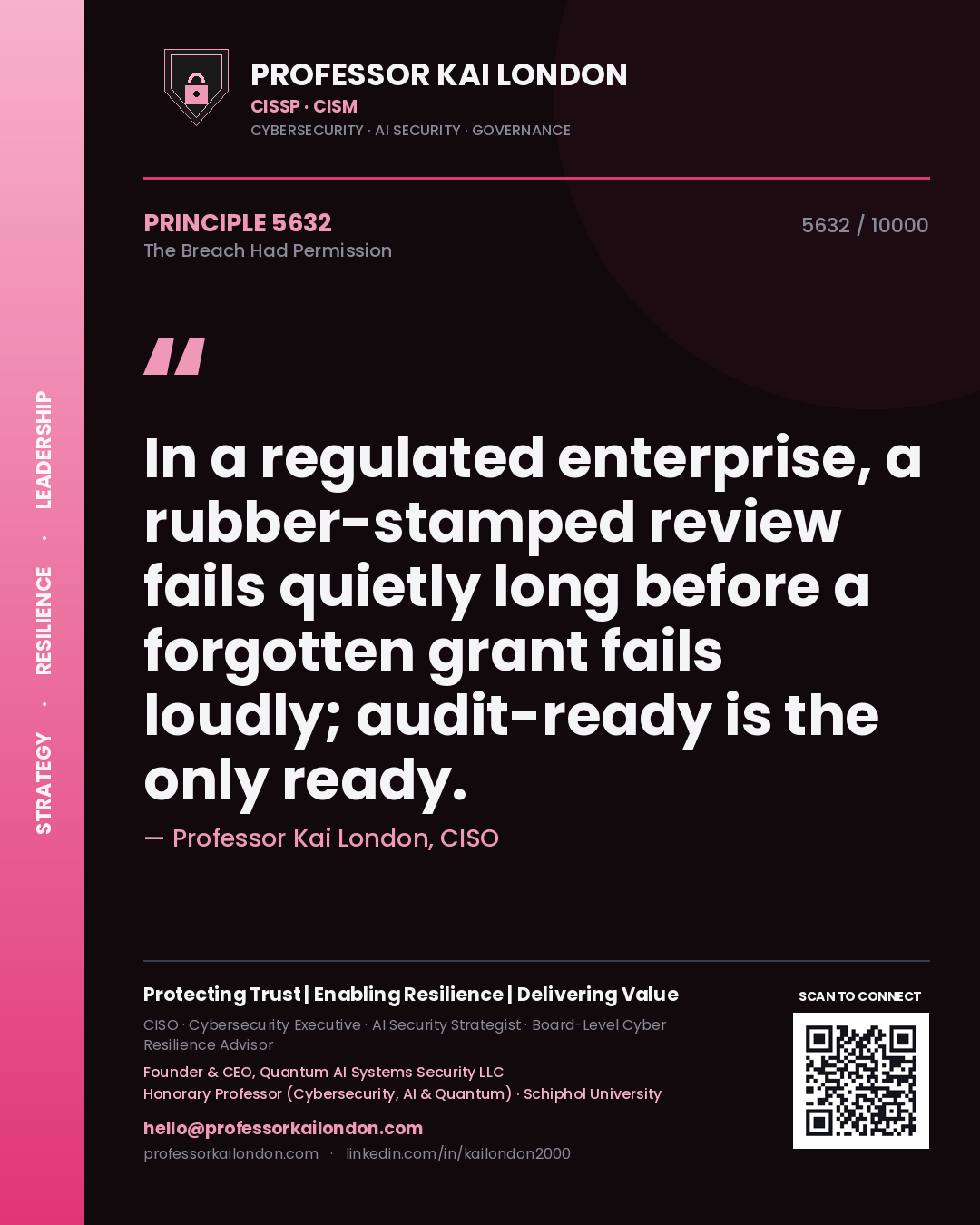 Professor Kai London principle 5632: In a regulated enterprise, a rubber-stamped review fails quietly long before a forgotten grant fails loudly; audit-ready is the only ready.