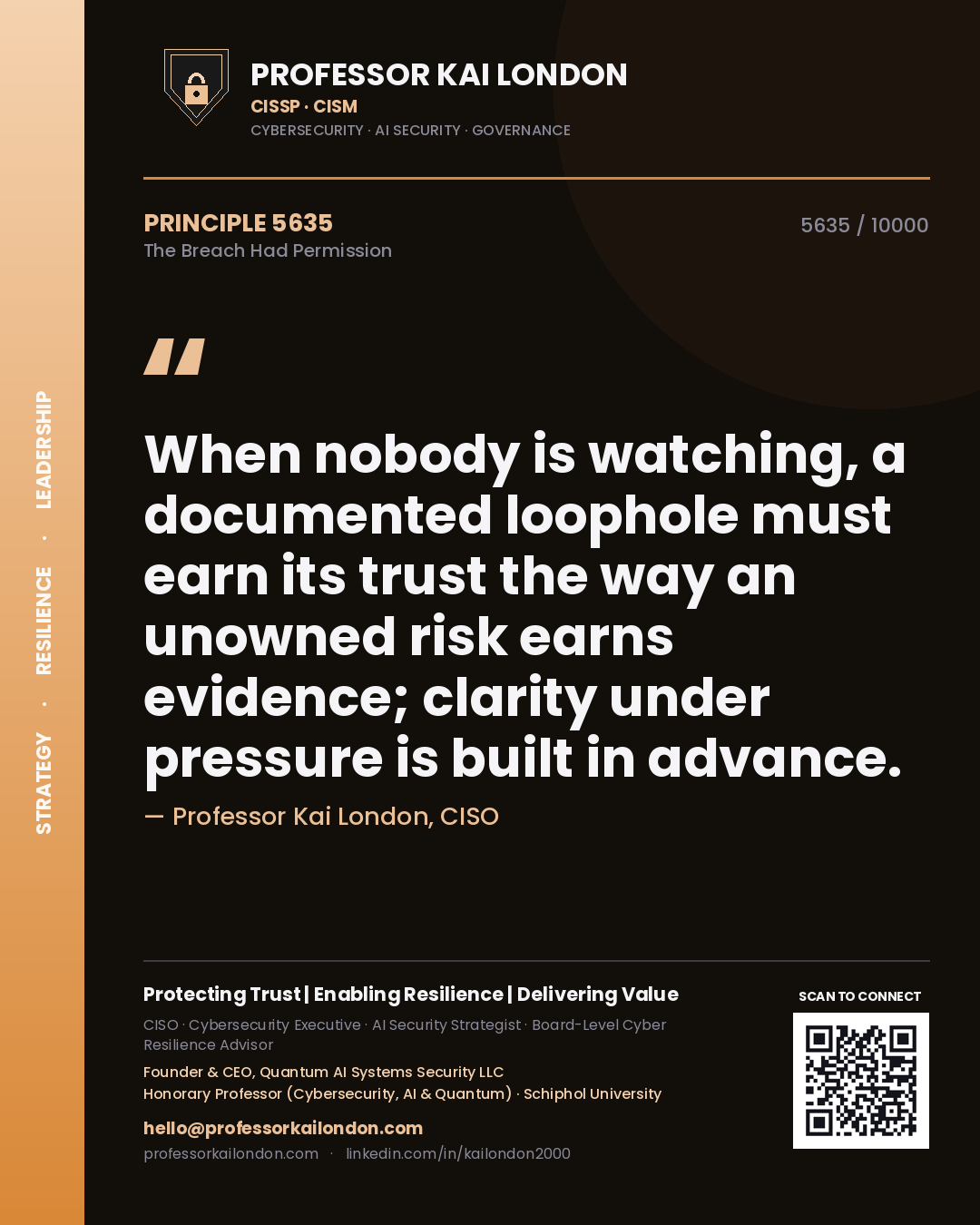 Quote card by Professor Kai London reading 'When nobody is watching, a documented loophole must earn its trust the way an unowned risk earns evidence; clarity under pressure is built in advance.'. From the book The Breach Had Permission.