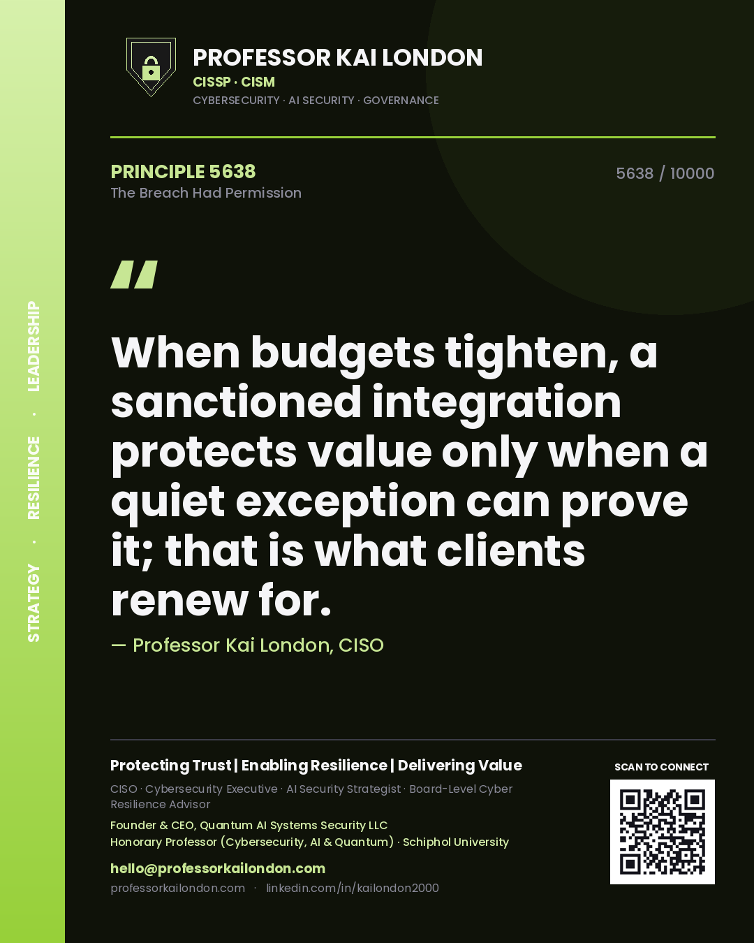 Professor Kai London principle 5638: When budgets tighten, a sanctioned integration protects value only when a quiet exception can prove it; that is what clients renew for.