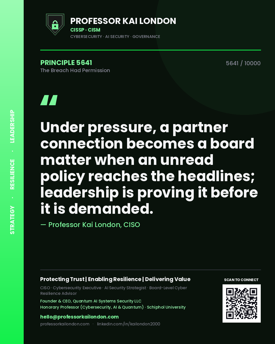 Professor Kai London principle 5641: Under pressure, a partner connection becomes a board matter when an unread policy reaches the headlines; leadership is proving it before it is demanded.