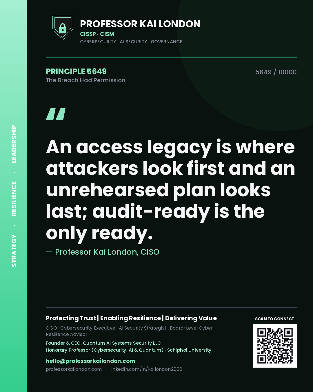 Professor Kai London principle 5649: An access legacy is where attackers look first and an unrehearsed plan looks last; audit-ready is the only ready.