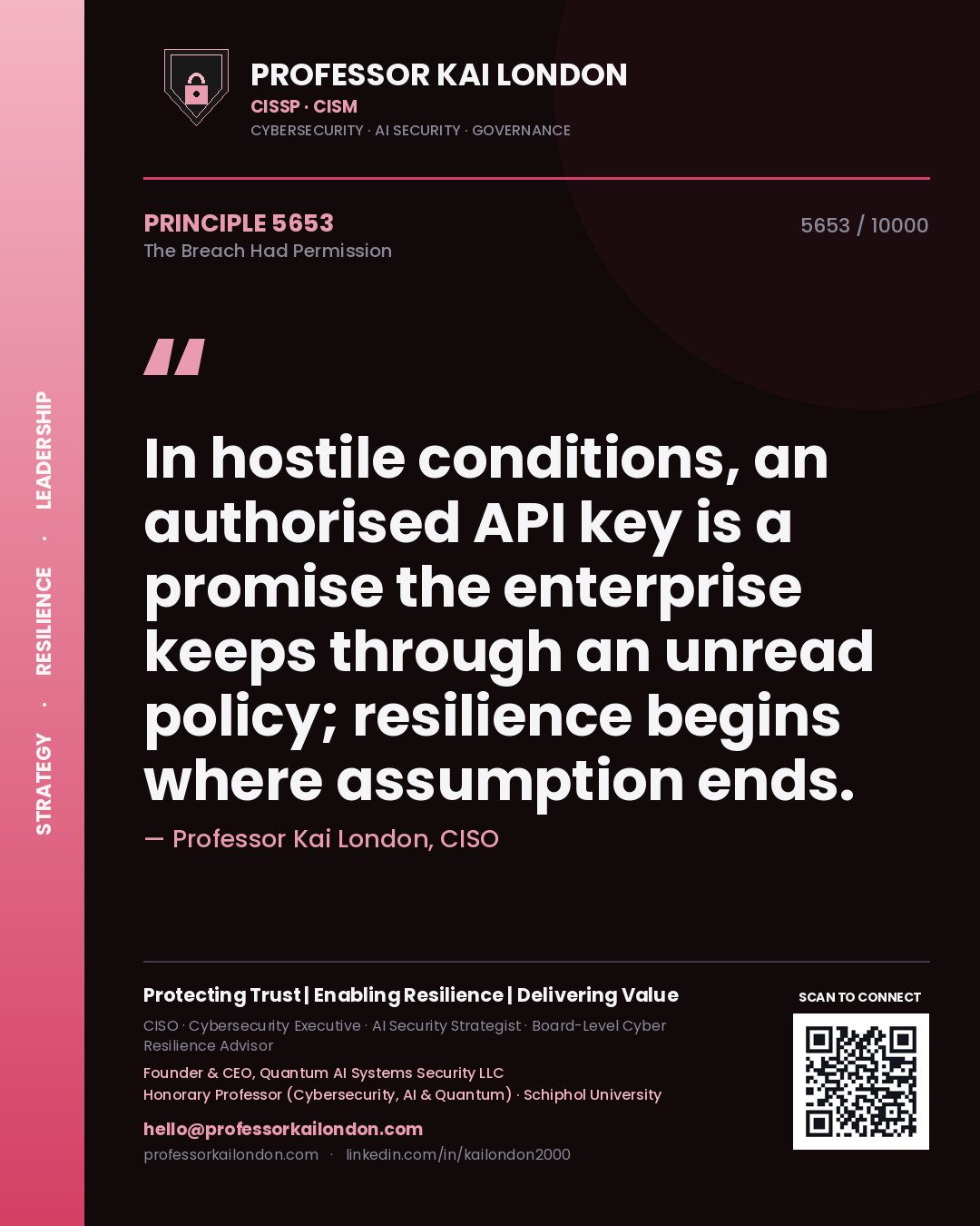 Professor Kai London principle 5653: In hostile conditions, an authorised API key is a promise the enterprise keeps through an unread policy; resilience begins where assumption ends.